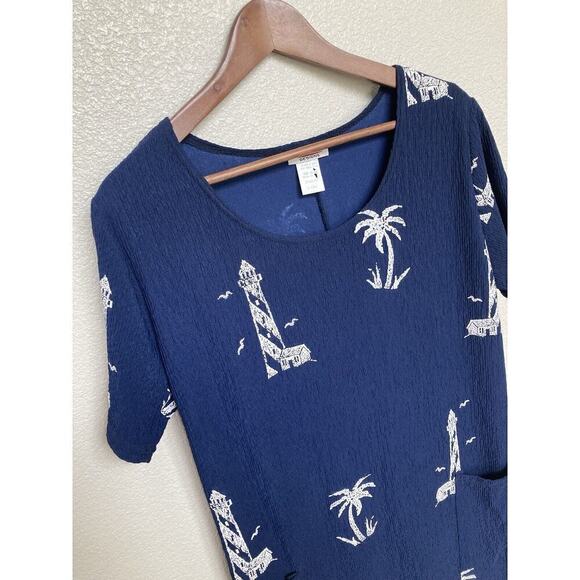 Vejaiz Designs Blue Gauzy Nautical Maxi Dress size Large Coastal short sleeve - Picture 2 of 4